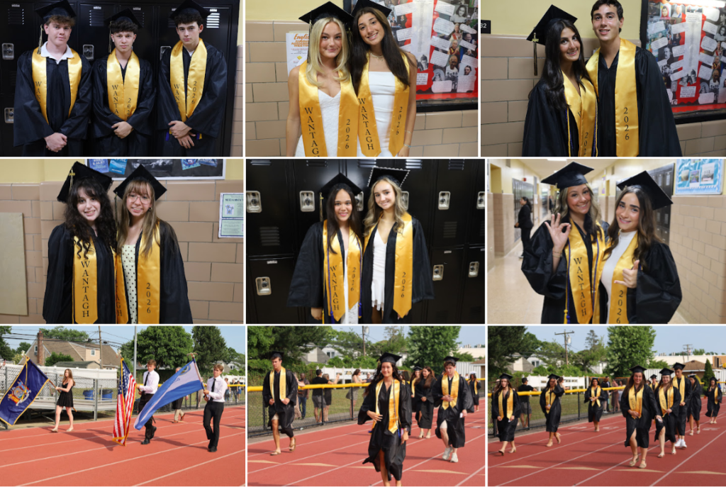 students wearing graduation cap and gowns; some students holding flags and walking on the track